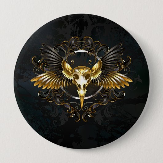 Golden Bird Skull auf schwarzem Hintergrund Button (Vorderseite)