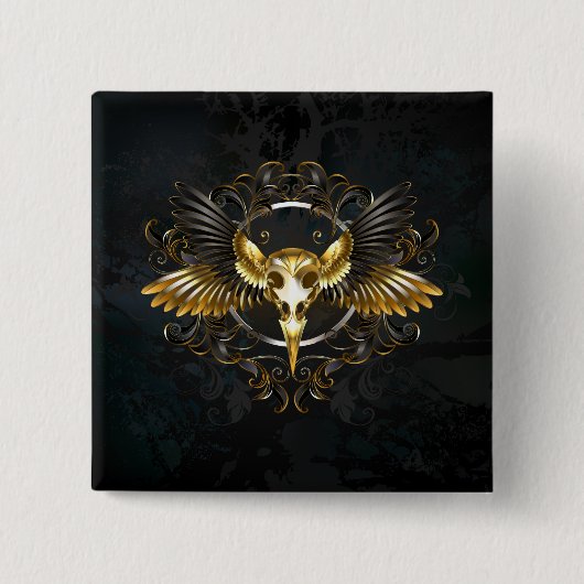 Golden Bird Skull auf schwarzem Hintergrund Button (Vorderseite)