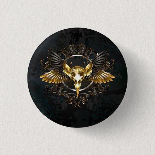 Golden Bird Skull auf schwarzem Hintergrund Button (Vorderseite)