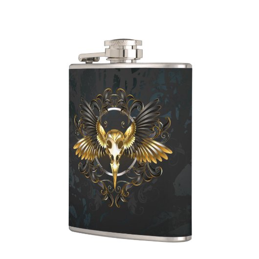 Golden Bird Skull auf schwarzem Hintergrund Flachmann (Links)