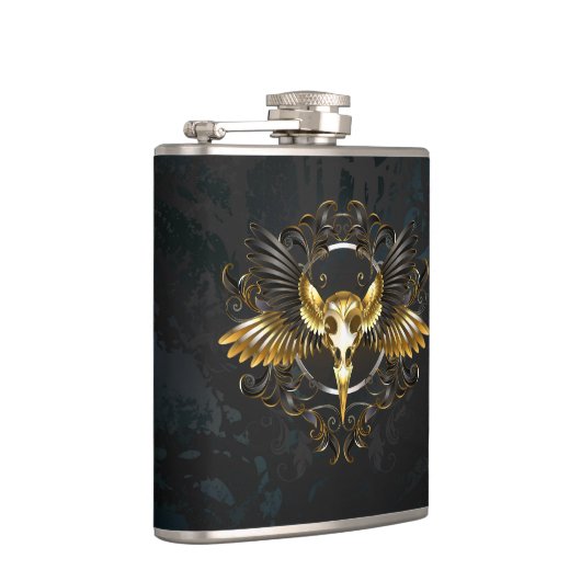 Golden Bird Skull auf schwarzem Hintergrund Flachmann (Rechts)