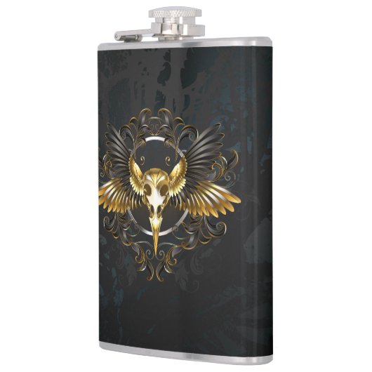Golden Bird Skull auf schwarzem Hintergrund Flachmann (Links)