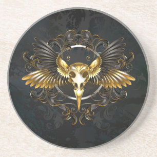 Golden Bird Skull auf schwarzem Hintergrund Getränkeuntersetzer