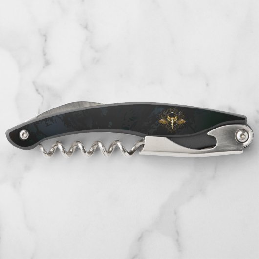 Golden Bird Skull auf schwarzem Hintergrund Kellnermesser (Rückseite)