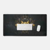 Golden Bird Skull auf schwarzem Hintergrund Schreibtischunterlage (Tastatur & Maus)