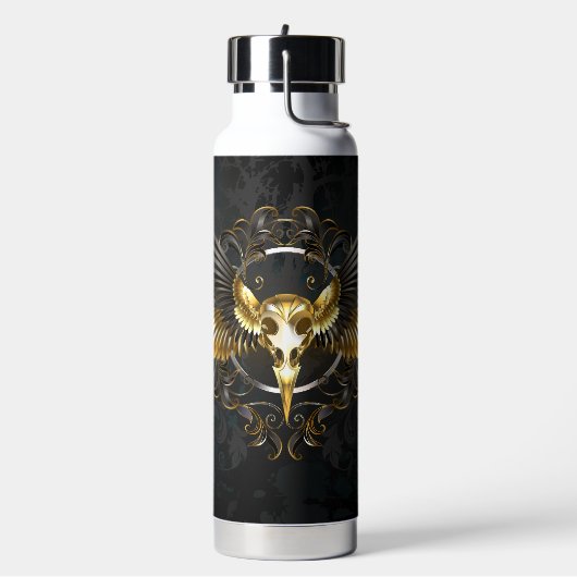 Golden Bird Skull auf schwarzem Hintergrund Trinkflasche (Links)