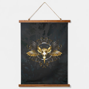 Golden Bird Skull auf schwarzem Hintergrund Wandteppich Mit Holzrahmen
