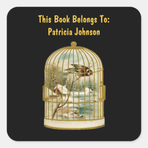 Golden Birdcage Winter Szene Hütte Snow Bird Black Quadratischer Aufkleber