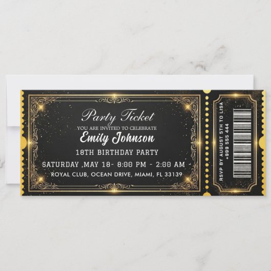 Golden Birthday Party Ticket Invitation 2026 Einladung (Vorderseite)