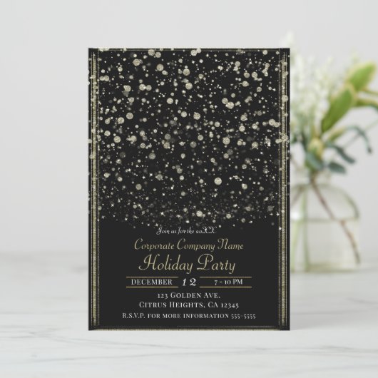 Golden & Black Confetti Spritzer Einladung (Stehend Vorderseite)