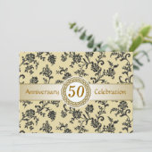 Golden Black Damask, 50. Hochzeitstag Einladung (Stehend Vorderseite)