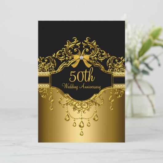 Golden & Black Damask 50 Jahre Einladung (Stehend Vorderseite)