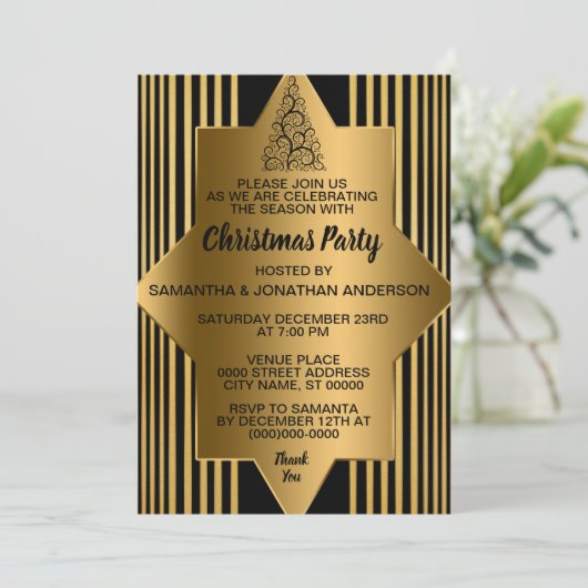 Golden Black Geometric Party Inv Einladung (Stehend Vorderseite)