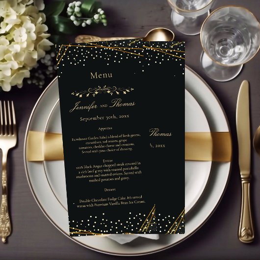 Golden Black Glitzer Confetti Wedding Menu Menükarte