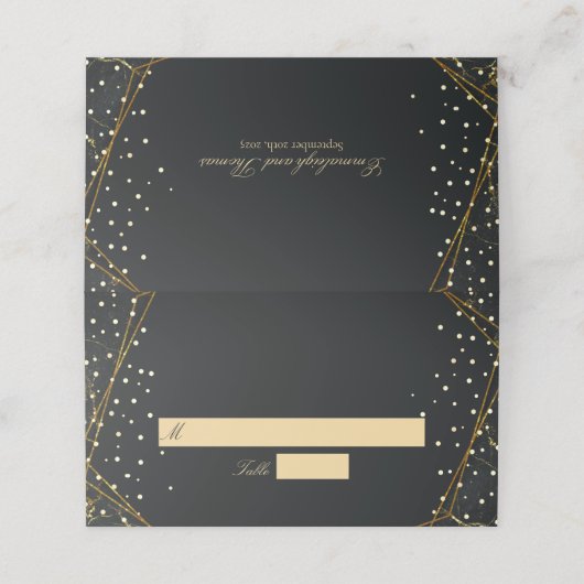 Golden Black Glitzer Confetti Wedding Platzkarte (Außenseite Aufgefaltet)