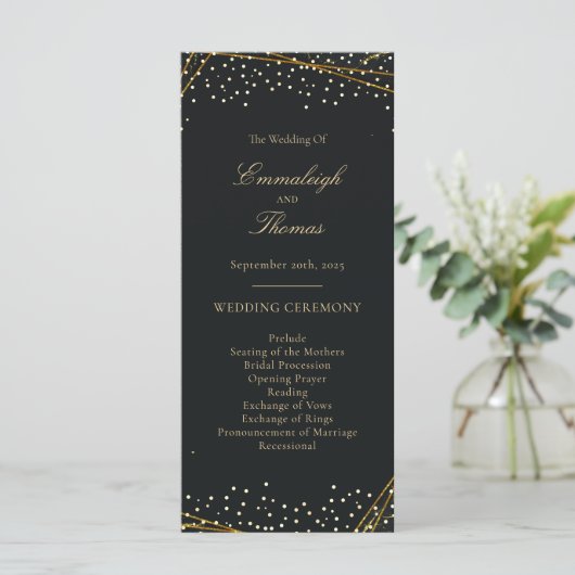 Golden Black Glitzer Confetti Wedding Programm (Stehend Vorderseite)