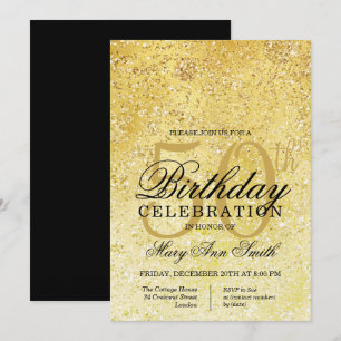 Golden & Black Glitzer Glam 50. Geburtstagsparty Einladung