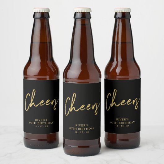 Golden & Black Lettering Cheers Adult Birthday Par Bierflaschenetikett (Flaschen)
