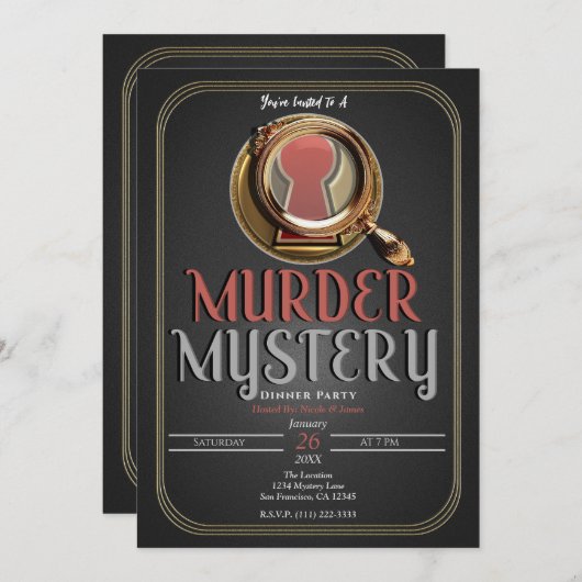 Golden & Black Mord Mystery Game Birthday Party Einladung (Vorne/Hinten)