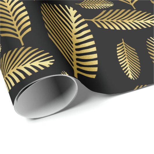Golden Black Palm Leaf Muster Geschenkpapier (Rolleneckpunkt)