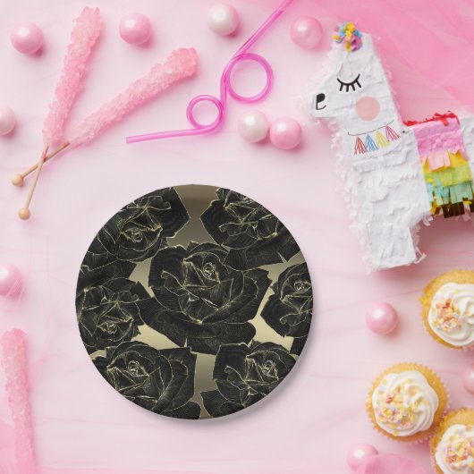 Golden & Black Rose Glam Elegantes Party Pappteller (Party)