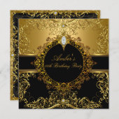 Golden & Black Swirt Geburtstagsparty einladen Einladung (Vorne/Hinten)