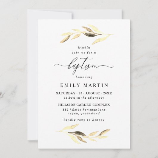 Golden Blätter Elegante Baby Boy oder Girl Baptiss Einladung (Vorderseite)