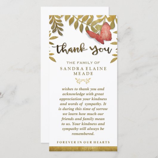 Golden Blätter Floral Butterfly Danke Beileid (Vorne/Hinten)