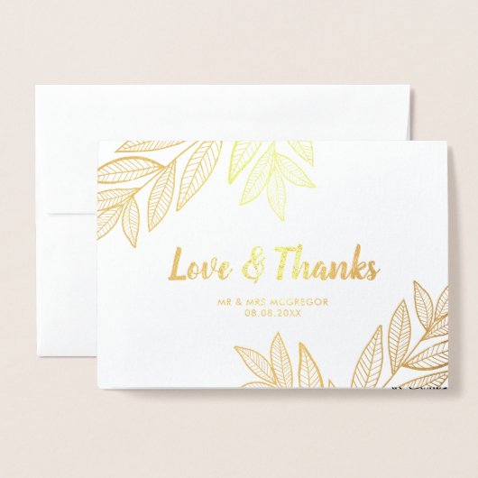 Golden Blätter Liebe & Danke Hochzeitsstift Foto Folienkarte (Vorderseite mit Umschlag)