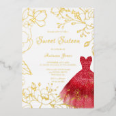 Golden Blätter Red Dress Sweet 16 Party Gold Folieneinladung (Vorderseite)