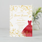 Golden Blätter Red Dress Sweet 16 Party Gold Folieneinladung (Stehend vorne)