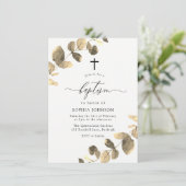 Golden Blätter White Simple Cross Baptisse Einladung (Stehend Vorderseite)