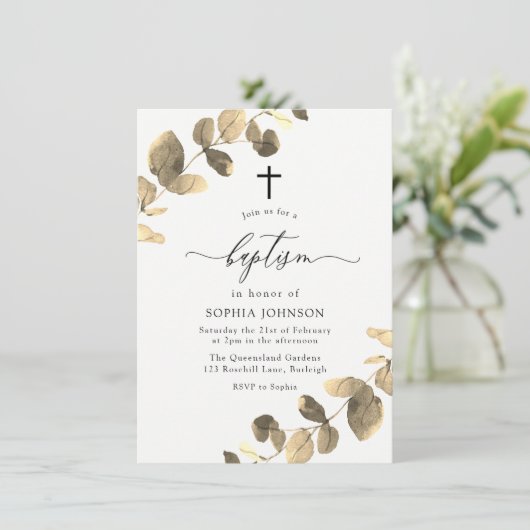 Golden Blätter White Simple Cross Baptisse Einladung (Stehend Vorderseite)