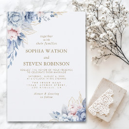 Golden Bloom: Blue & White Floral Wedding Einladung
