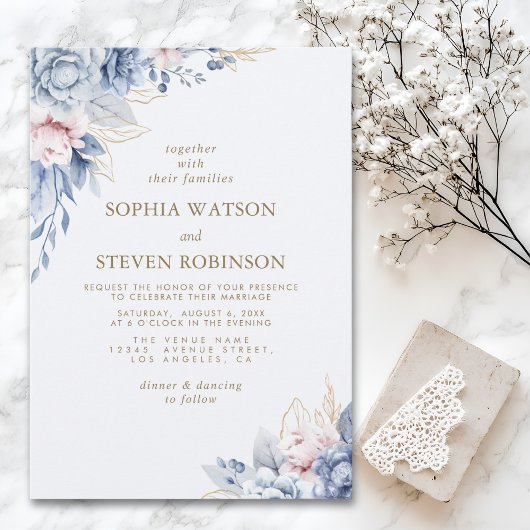 Golden Bloom: Blue & White Floral Wedding Einladung