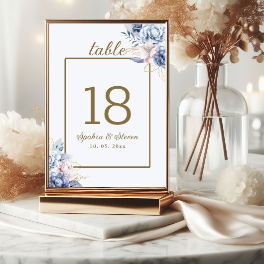 Golden Bloom: Blue & White Floral Wedding  Tischnummer