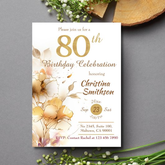 Golden Bloom - Blütenelegantes, modernes 80. Gebur Einladung