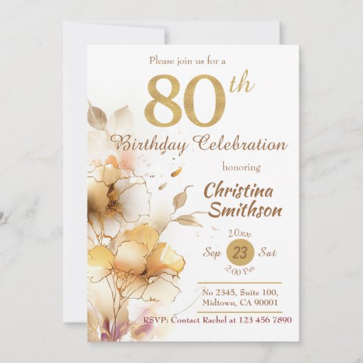 Golden Bloom - Blütenelegantes, modernes 80. Gebur Einladung (Vorderseite)