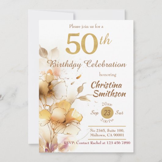 Golden Bloom - floral elegante moderne 50. Geburts Einladung (Vorderseite)
