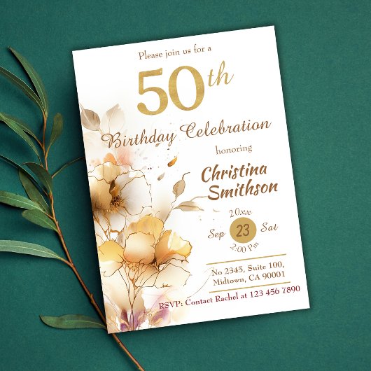 Golden Bloom - floral elegante moderne 50. Geburts Einladung