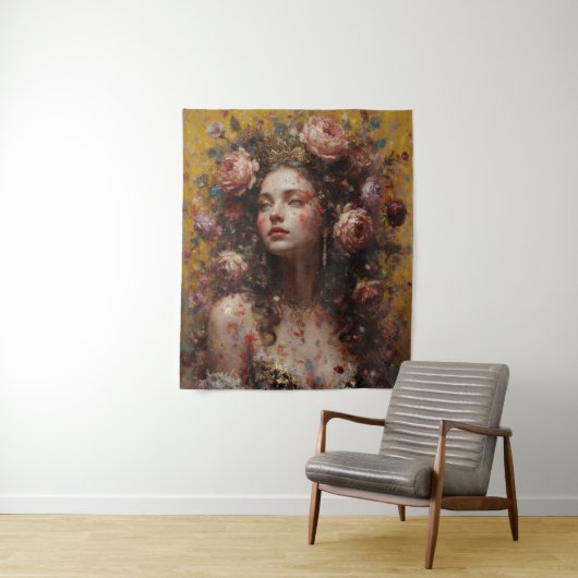 Golden Bloom Muse – Vertical Wall Tapestry Wandteppich (Beispiel)