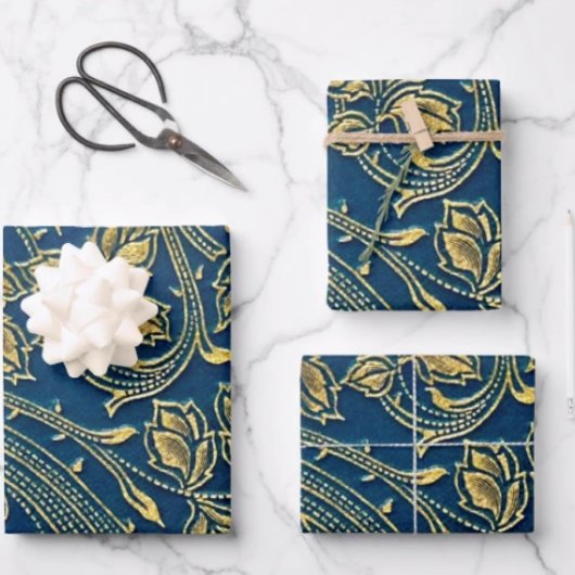 Golden Blossom Wrapping Paper Flat Sheet Set 3 Geschenkpapier Set