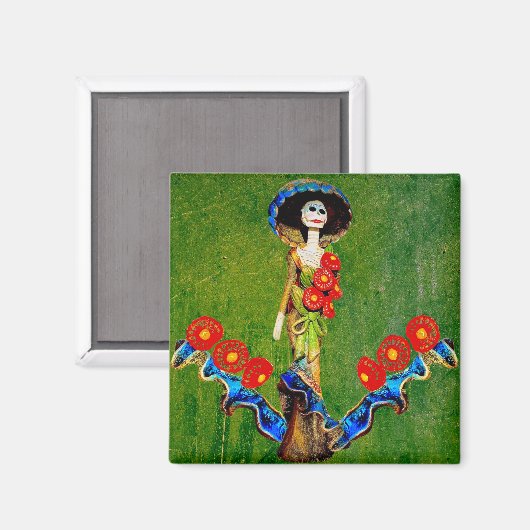 Golden Blue Antique Catrina über grünlich gewasche Magnet (Vorderseite/Rückseite)