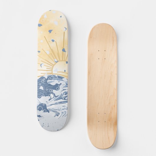 Golden Blue Asiatic Sunset Sun & Sea Waves Skateboard (Vorderseite)