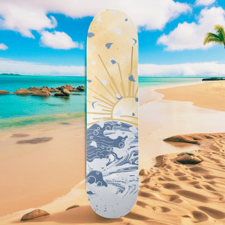 Golden Blue Asiatic Sunset Sun & Sea Waves Skateboard
