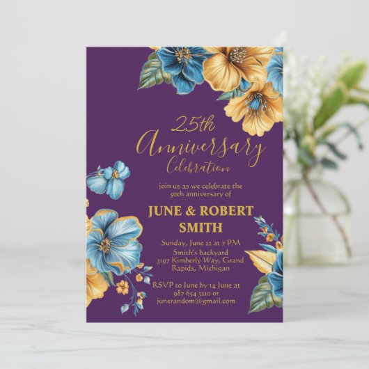 Golden Blue Blume 25. Hochzeitstag Einladung (Stehend Vorderseite)