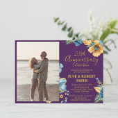 Golden Blue Blume 25. Hochzeitstag Einladung (Stehend Vorderseite)