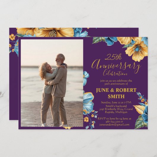Golden Blue Blume 25. Hochzeitstag Einladung (Vorne/Hinten)