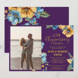 Golden Blue Blume 25. Hochzeitstag Einladung