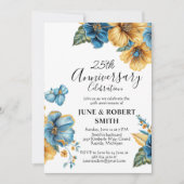 Golden Blue Blume 25. Hochzeitstag Einladung (Vorderseite)